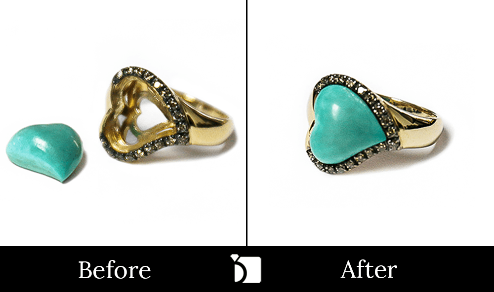 Before & After #95 14k Gold Ring with Heart-Shaped Turquoise Stone Restored by Premier Ring Repair Services