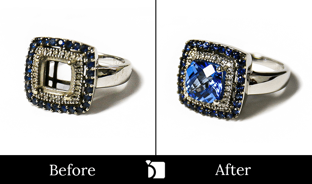Before & After #96 14ky LeVian Ring with Missing Sapphire Center Stone Repaired by Premier Gemstone Resetting and Restoration Services