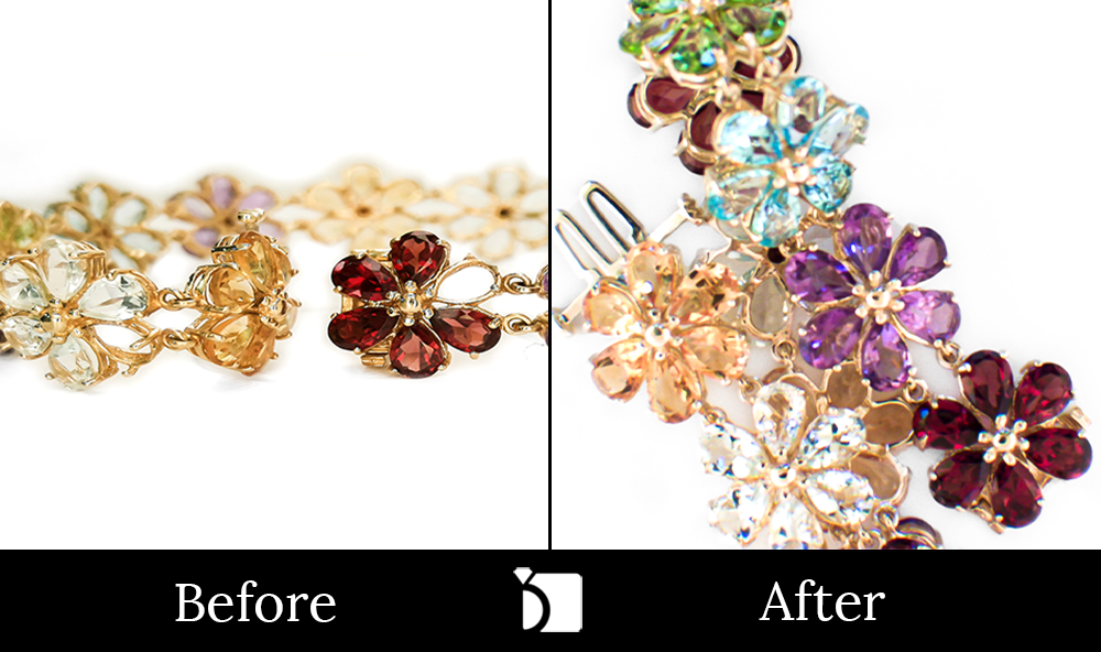 Before & After #136 Multi-Colored Gemstone Flower Bracelet Restored by My Jewelry Repair on White Background