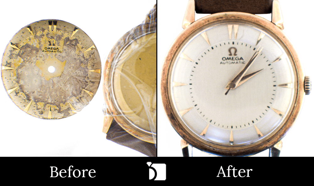 Before & After #137 Vintage Model 1955 Omega Automatic Timepiece Receiving Premier Dial Refinishing and Restoration Services