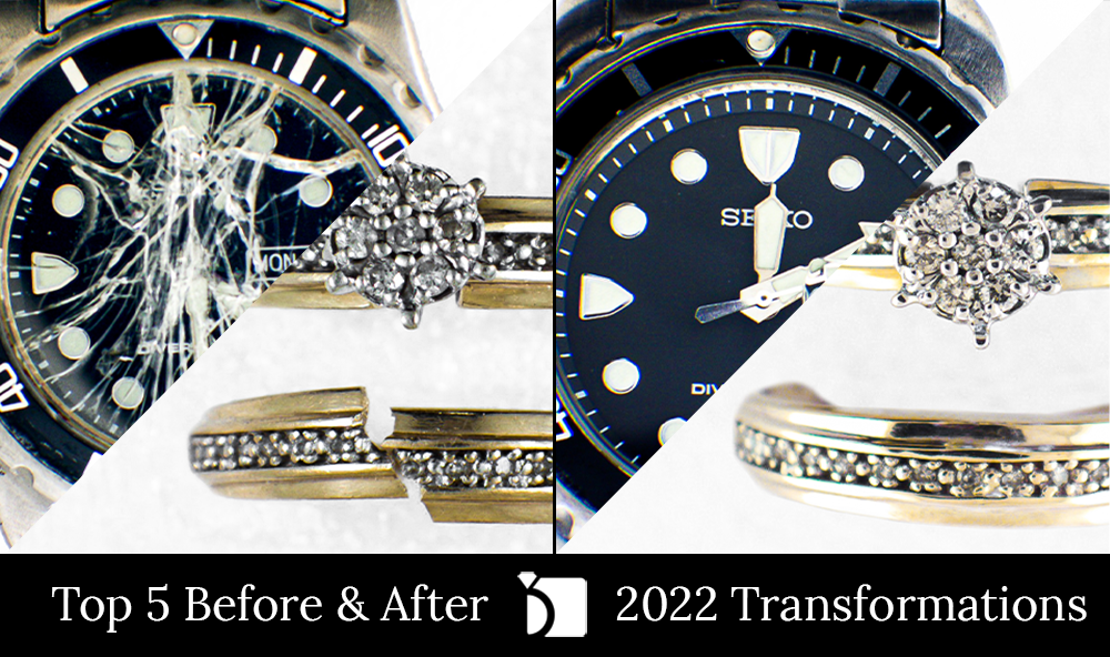 Image showing the Before & After #139 Top 5 Transformations Featuring a Broken Gold Ring Part of a Set Getting Restored Through Soldering and Stone Resetting