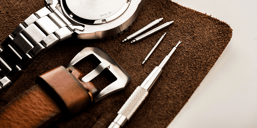 Watchmaker Timepiece Tools with Leather Strap and Metal Bracelet for Premier Watch Band Repair Services