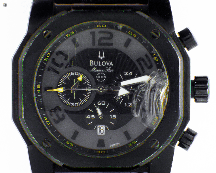 Before #140 Face of Bulova Men's Marine Star Chronograph Timepiece Prior to Receiving Professional Watch Movement Servicing and Crystal Replacement Services