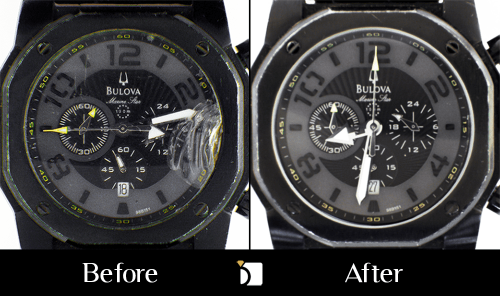 Before & After #140 Bulova (Model Number C9671597 Case Number 98B151) Men's Marine Star Chronograph Timepiece Receiving Professional Watch Movement Servicing and Crystal Replacement Services