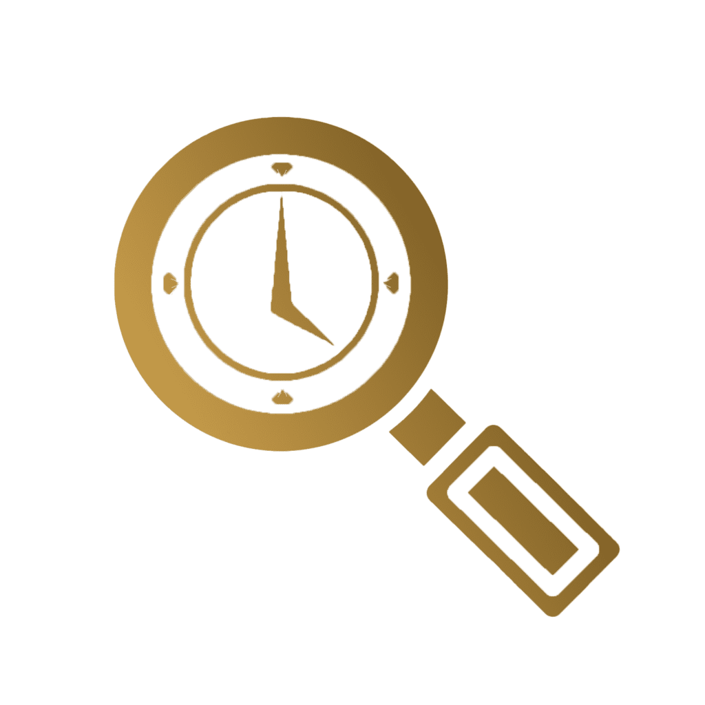 Image of history blog gold gradient icon of magnifying glass with watch in the middle