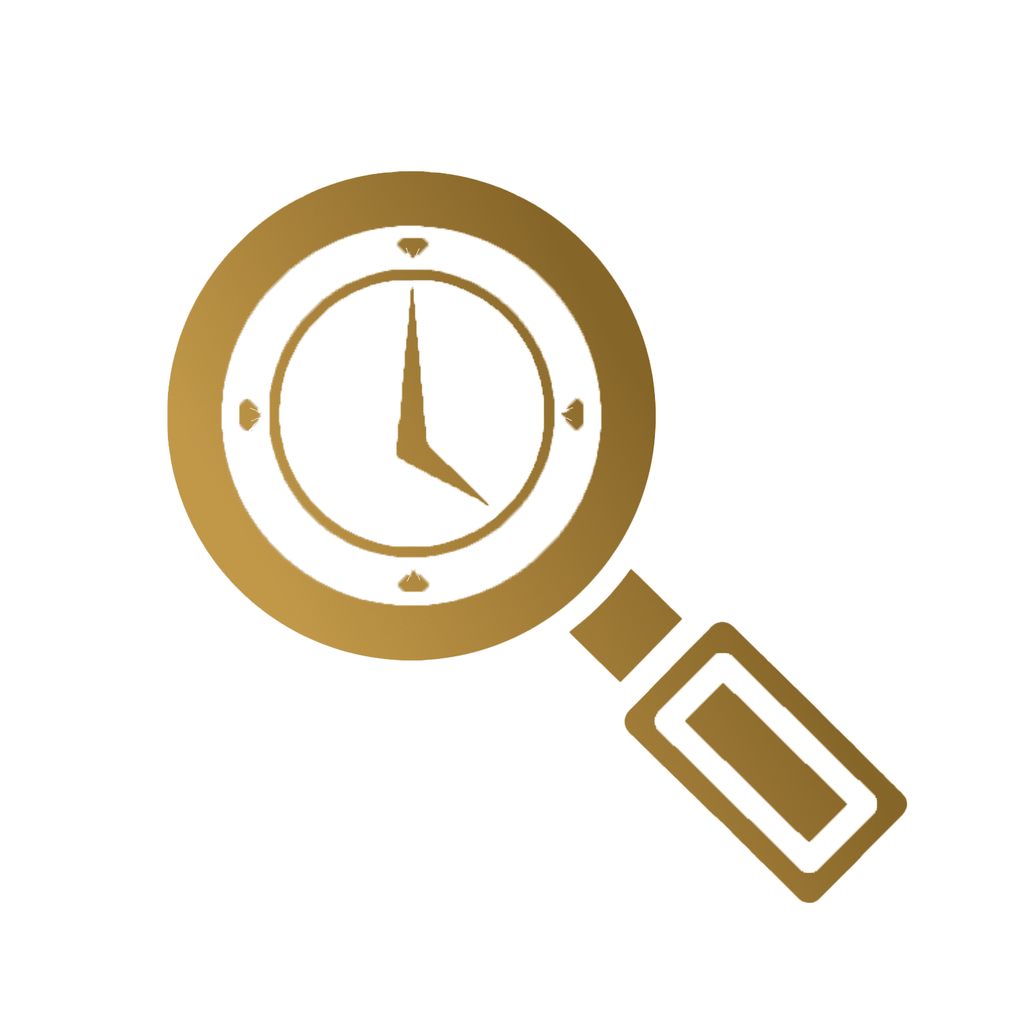 Image of history blog gold gradient icon of magnifying glass with watch in the middle