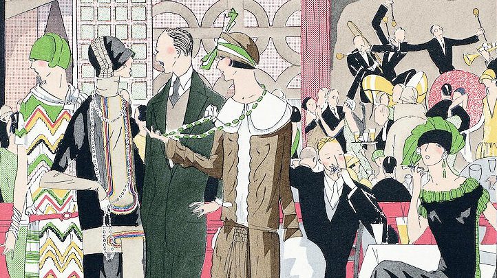 Illustration showing people's fashion and jewelry in the 1920's