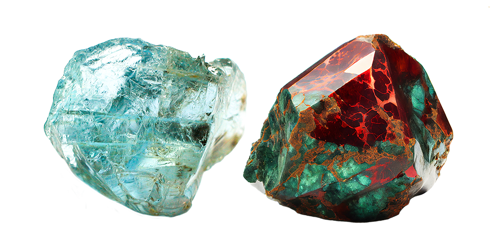 March Birthstones Uncut Aquamarine Bloodstone Loose Gemstones Isolated