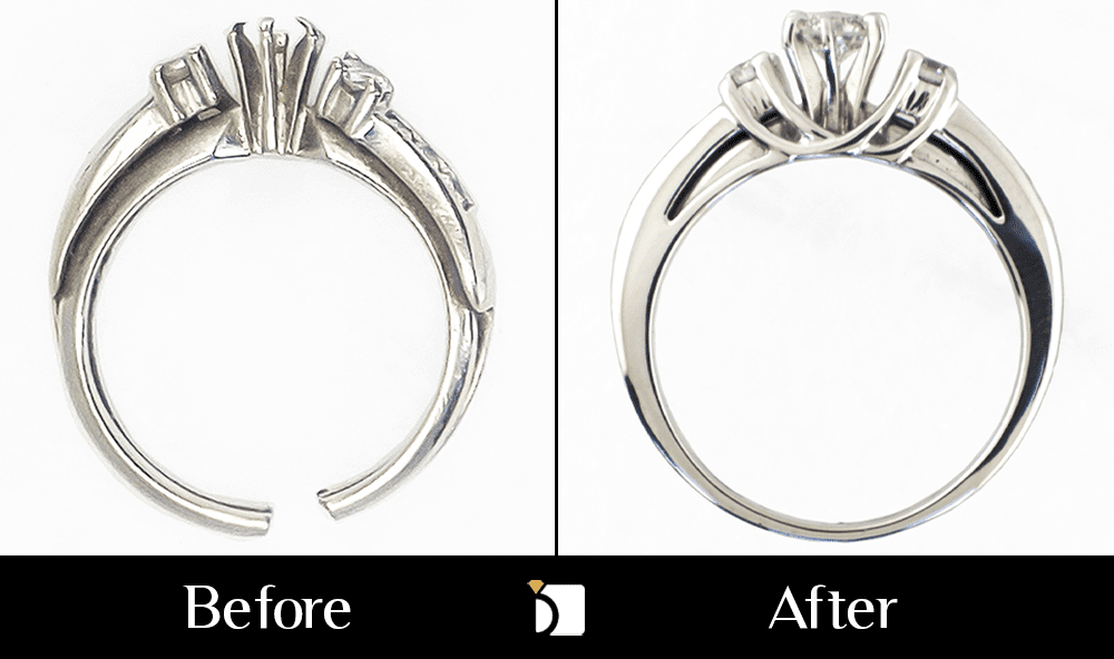 Before & After #143 of a Complete Restoration of a Cut White Gold Wedding & Engagement Diamond Ring Set Missing Its Center Stone