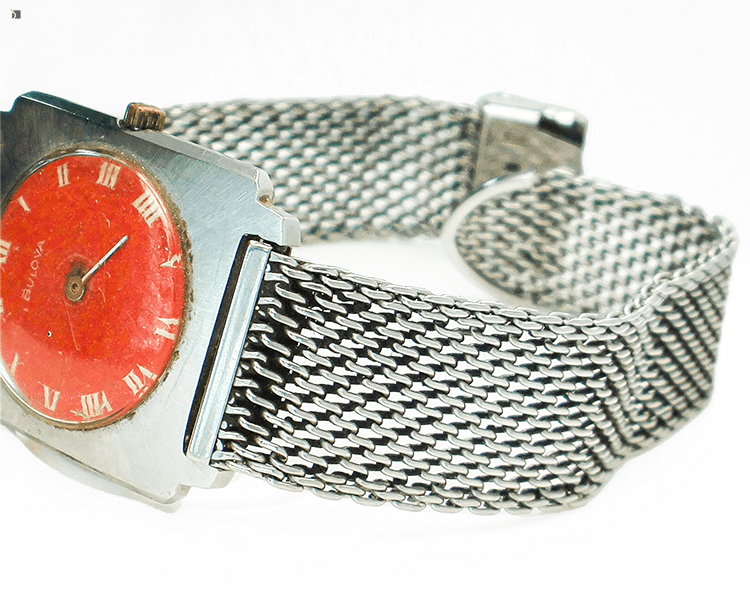 Before #144 Close Up View of Vintage Bulova Watch Timepiece Metal Bracelet Prior to Complete Restoration