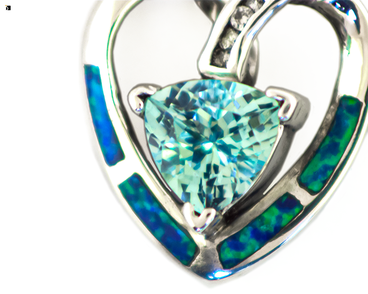 After #145 Close Up of Heart-Shaped Necklace Pendant Restored With New Aquamarine Birthstone Gemstone Replacement