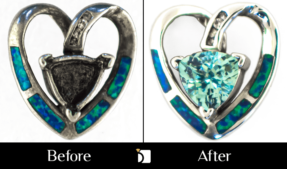 Before & After #145 Heart-Shaped Necklace Pendant Restored by Premier Gemstone Replacement Services