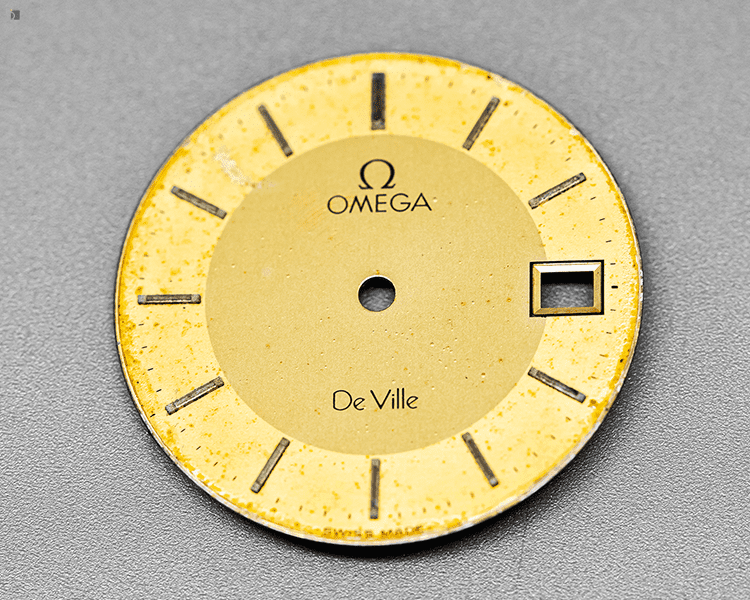 Before #146 Separated Gold Vintage Omega Watch Dial Prior to Premier Dial Refinishing Services