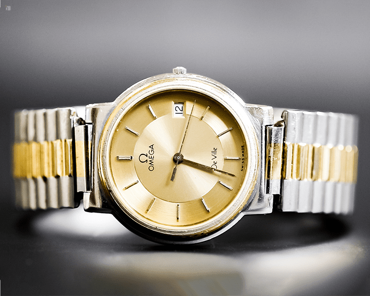 After #146 Restored Vintage Omega Timepiece Displayed on its Side Against Black Background