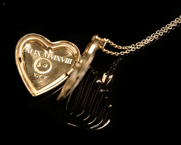 After #147 Inside of Open Gold Heart Pendant Locket with Laser Engraved Roman Numerals