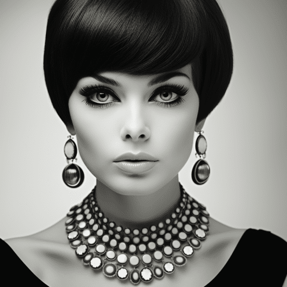 Image showcasing black and white photo of woman from the 1960s wearing black and white circular earrings and matching necklace set
