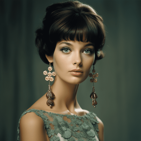 Image showcasing 1960s brunette woman wearing gold flower drop earrings, sage green dress on sage green background.