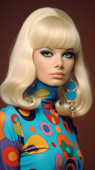 Image showing 1960s blonde woman wearing vibrant blue circular drop earrings and colorful vibrant shirt with psychedelic pattern.