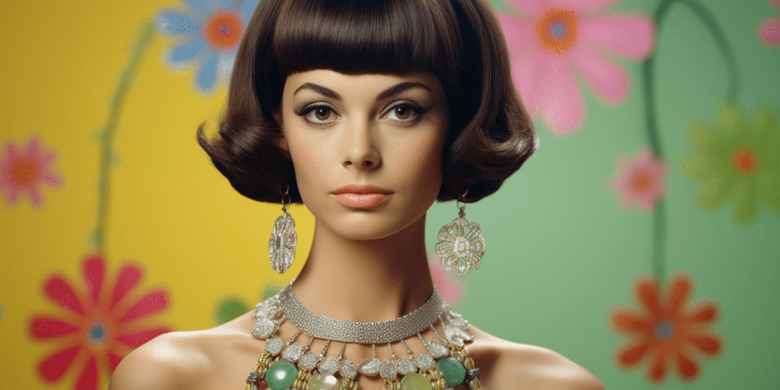 Feature image of 1960s woman with short brown hair wearing drop earrings with matching necklace in front of floral background