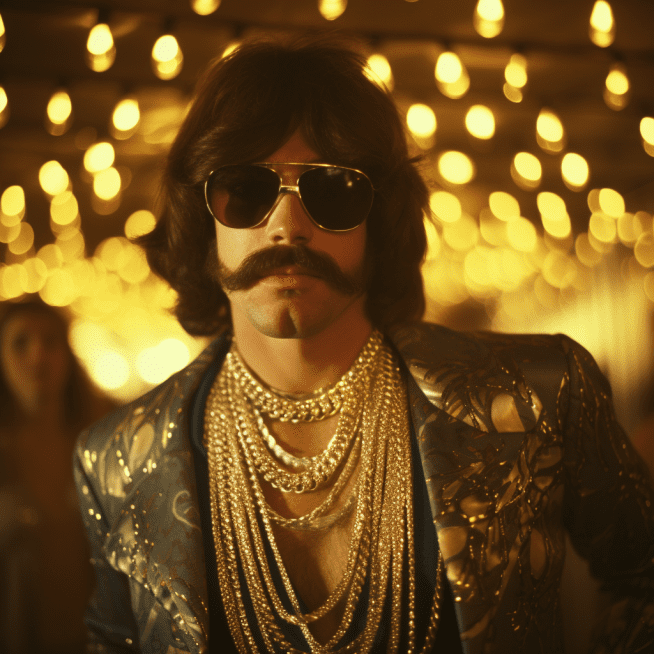 Image of 1970s man at the disco wearing gold chains