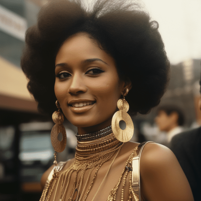 Image of woman in the 1970s wearing gold drop earrings and layered necklaces