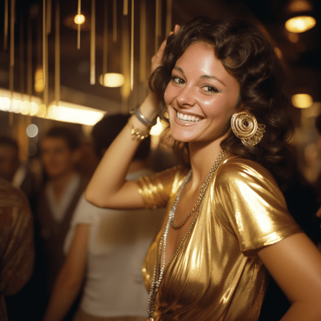 1970s man wearing yellow gold jewelry and gold blazer touching yellow gold jewelry on the table