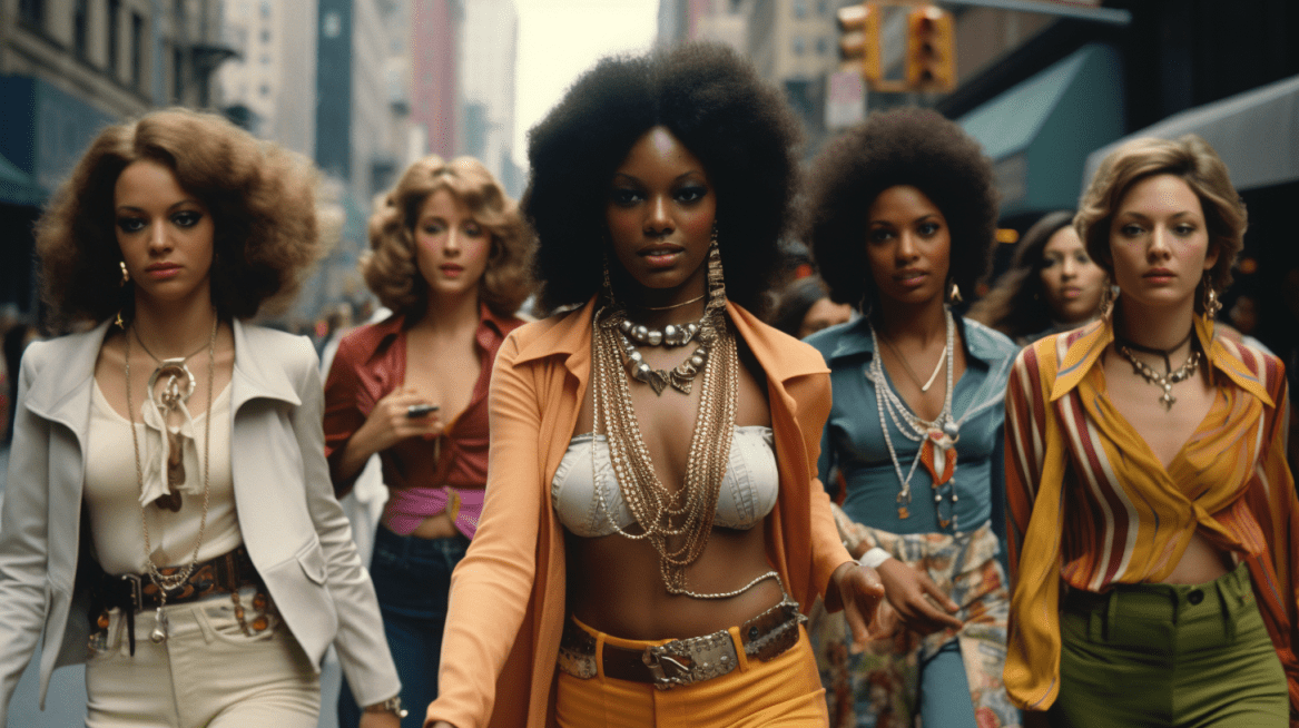 image showing group of diverse women walking down the street in the 1970s