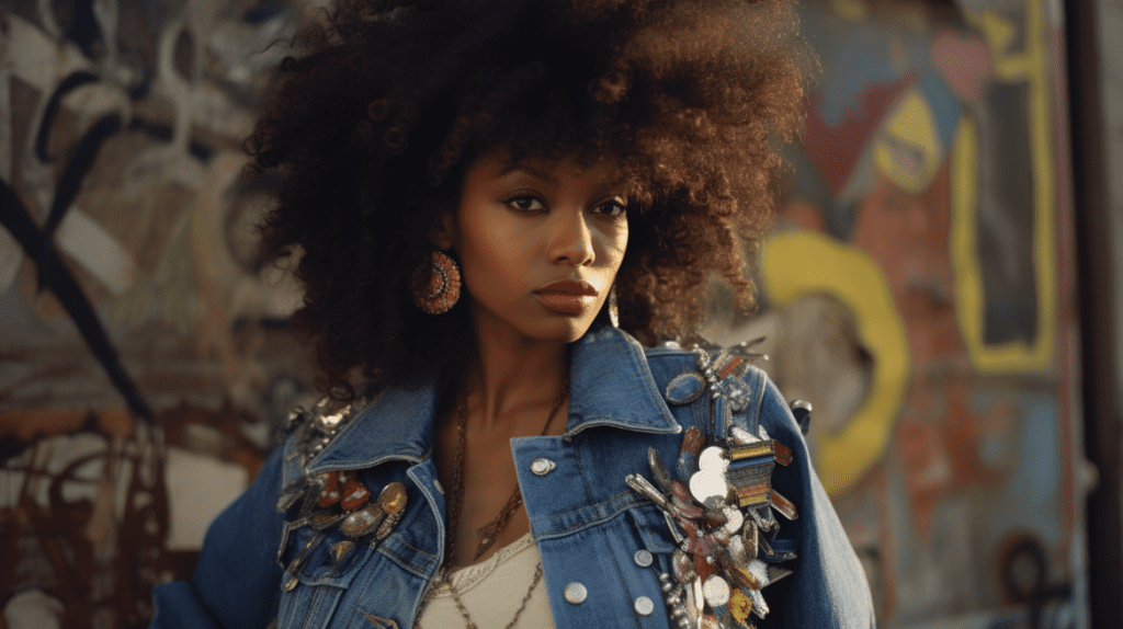 photo of woman in the 1980s wearing denim jacket with various brooches