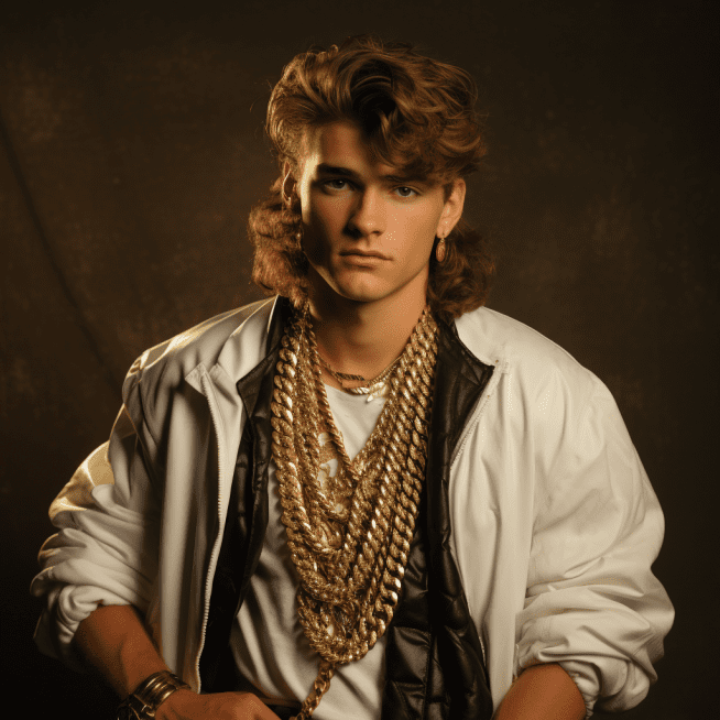 photo of man in the 1980s wearing chunky gold chain necklaces