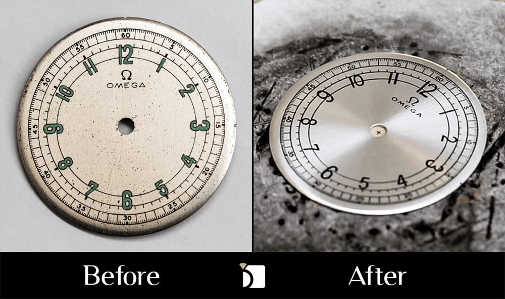 Before & After #152 Vintage Omega Restored by Premier Dial Refinishing Services