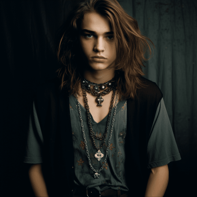 photo of grunge guy with long hair wearing layered necklaces