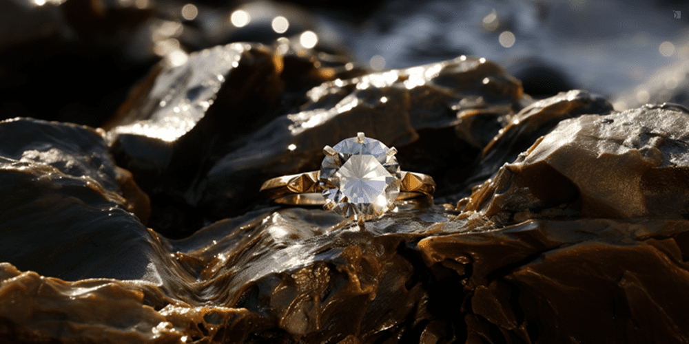 Restored Diamond Engagement Ring Displayed on Rock Near Ocean Engagement Horror Stories Featured Image