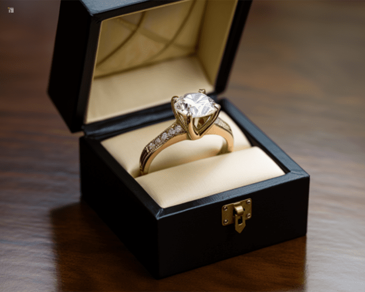 Restored Diamond Engagement Ring Displayed in Proposal Ring Box on Wooden Table