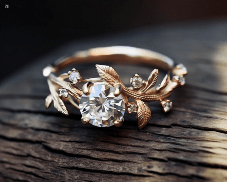 Restored Diamond Gemstone Gold Engagement Ring with Floral Vine Design Displayed on Wooden Table