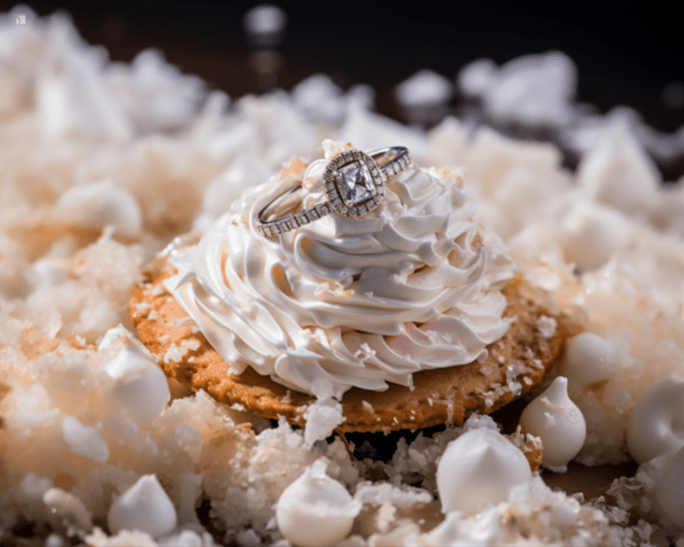 Restored Diamond Silver Engagement Ring Displayed on Whipped Cream and Pie Proposal