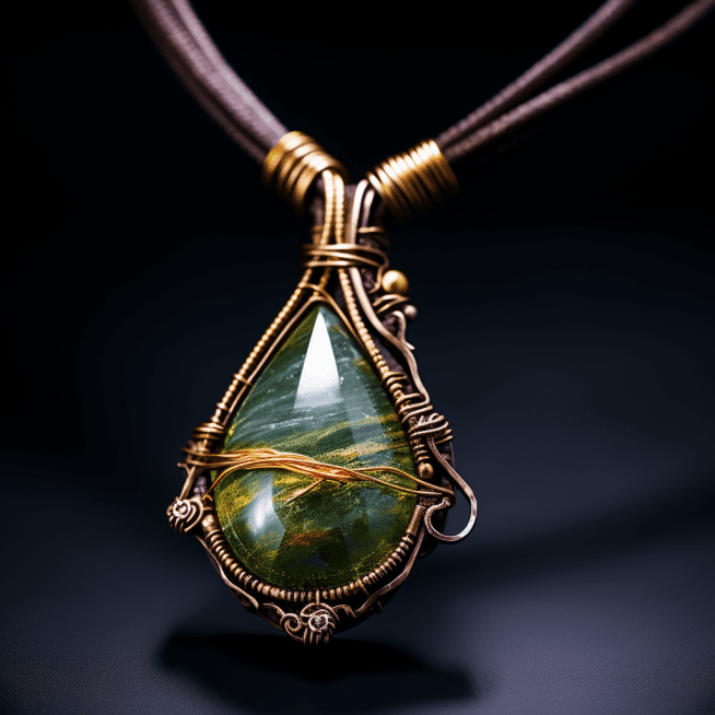 Green Gemstone Wrapped in Wire as a Necklace Pendant