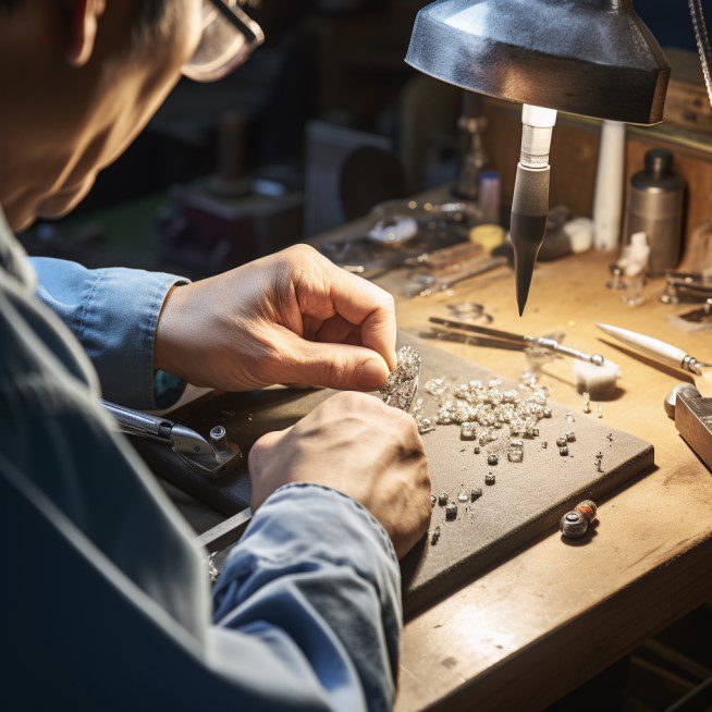 Photo showcasing a jeweler repairing diamond jewelry
