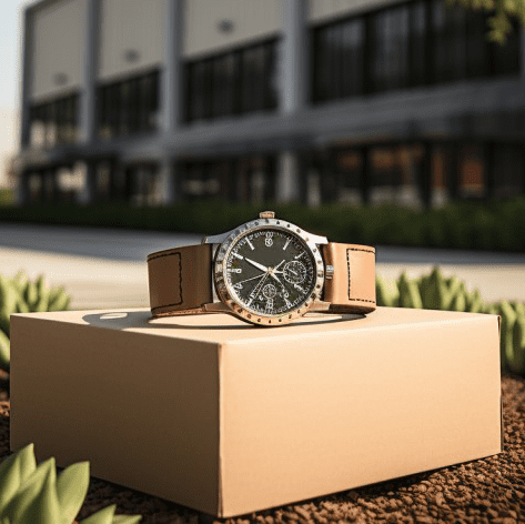 Photo showcasing of watch on top of shipping box outside of a facility