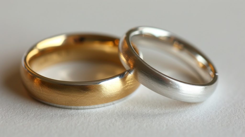 Photo showcasing silver and gold wedding bands next to each other