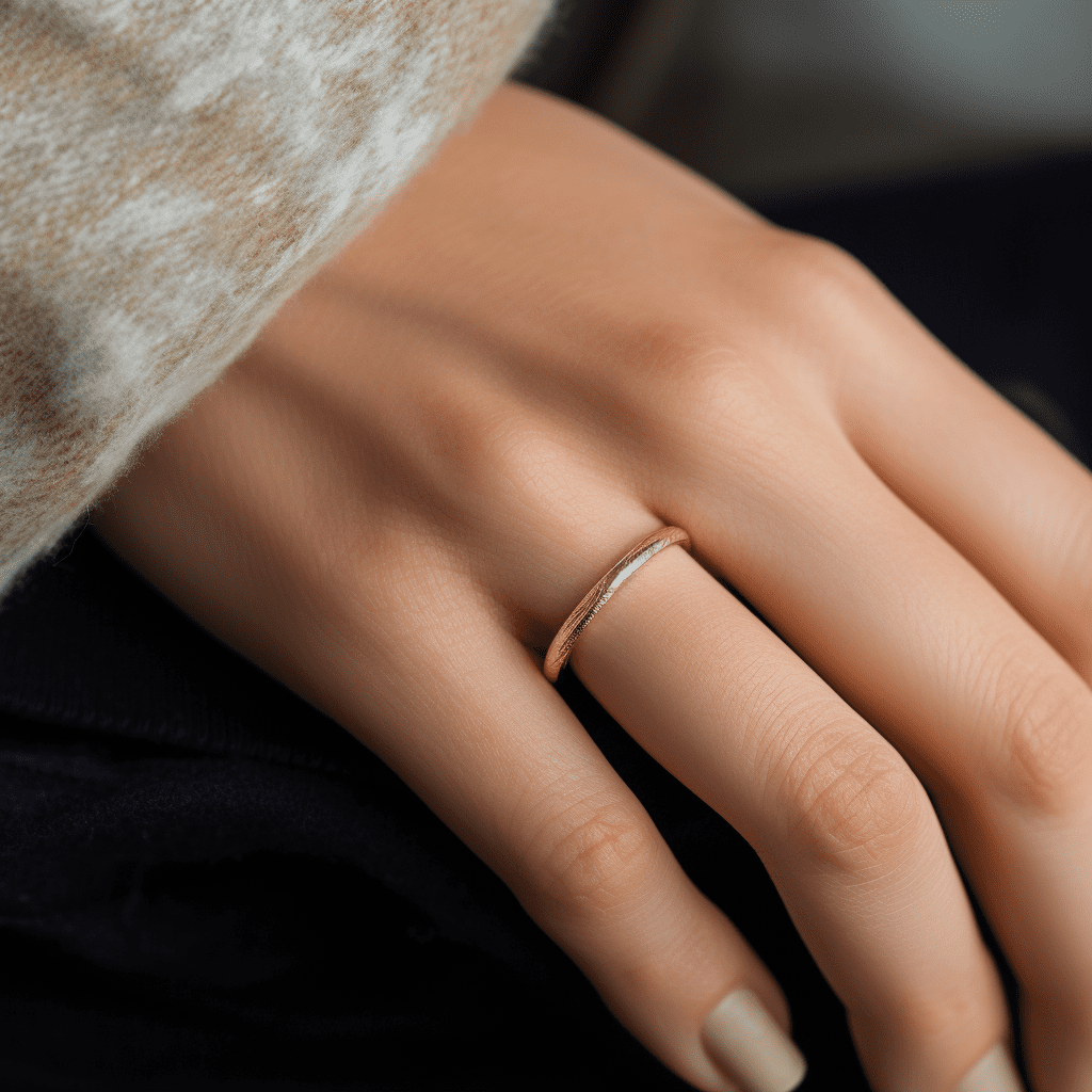 Photo showcasing gold wedding band on right finger of right hand.
