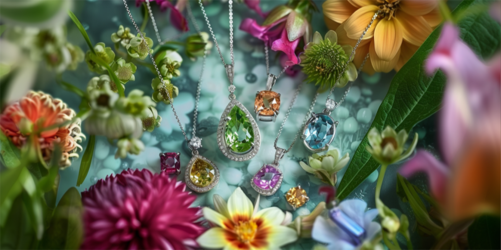 Restored Variety Colored Gemstone Fine Jewelry Displayed on Blue Rocks Surrounded by Spring Flowers