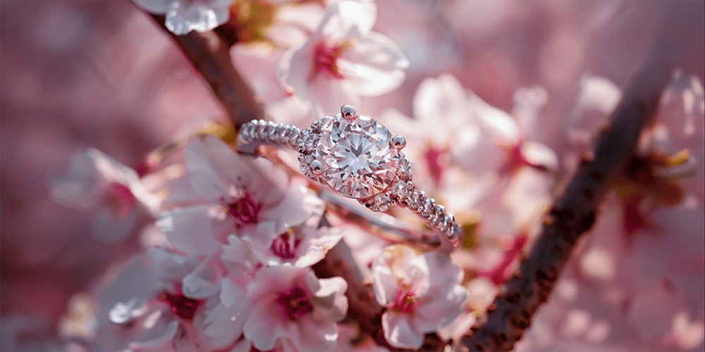 Restored Fine Jewelry Diamond Gemstone Wedding Engagement Ring Band Displayed in Spring Cherry Blossom Tree