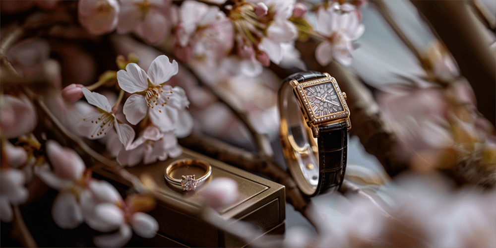 Restored Fine Jewelry Diamond Gemstone Engagement Ring and Serviced Women's Gemstone Watch Timepiece Displayed in Spring Cherry Blossom Tree Environment