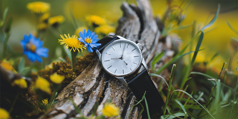 Restored Serviced Luxury Watch Timepiece Displayed on Wood Surrounded by Spring Wild Flowers Environment