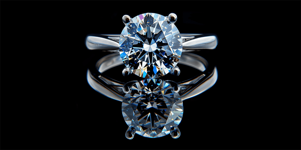 Restored Diamond Gemstone April Birthstone Engagement Ring Displayed and Reflected on Black Background