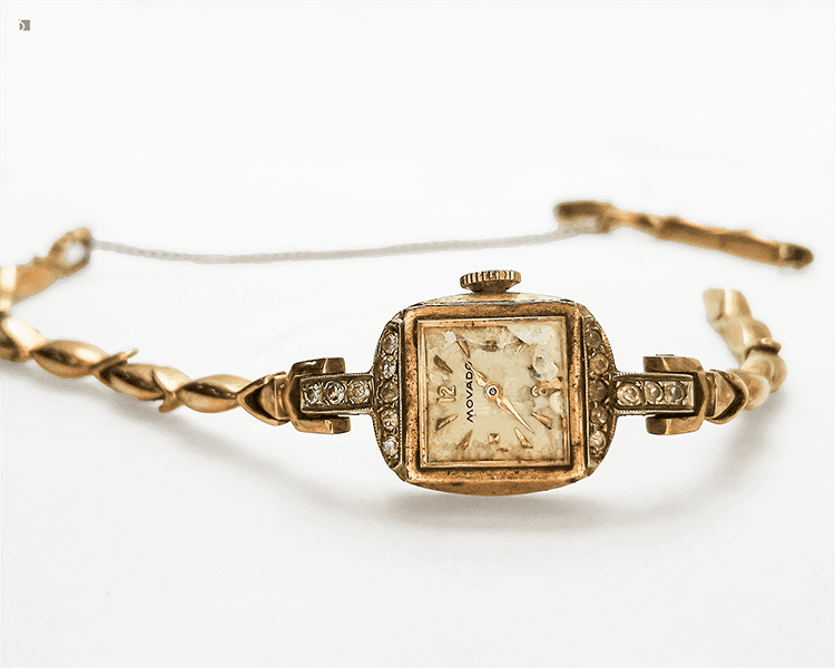 Before #159 Vintage Movado Bracelet Watch Displayed Sideways Prior to Premier Watch Repair Servicing