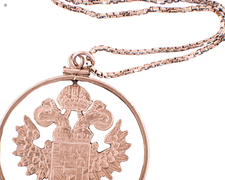 After #161 Close Up of Restored Maria Theresa Thaler Coin Necklace By Master Jewelers