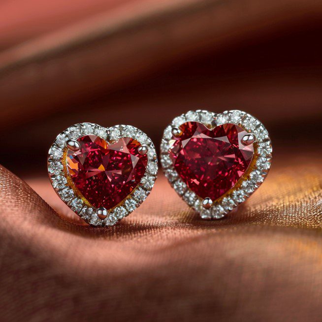 Photo of pair of heart-shaped red diamond earrings.