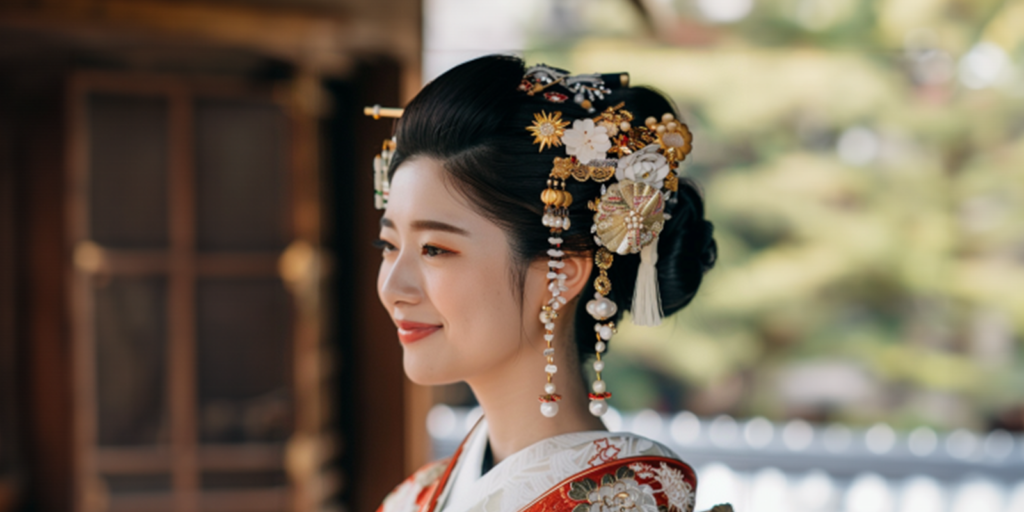 Japanese bride wearing traditional kanzashi headpiece and kimono