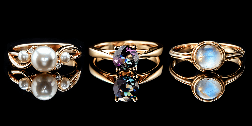 June Birthstones Fine Jewelry Rings with Pearl Alexandrite Moonstone Gemstones Reflected on Black Display